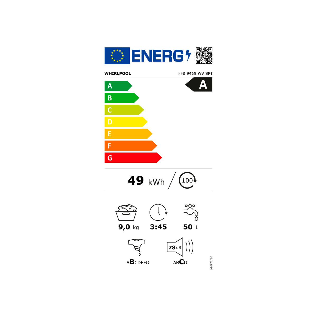 Lavadora Whirpool FFB 9469 WV SPT 9kg 1400 rpm Motor Inverter A blanco 85 cm eficiencia-energetic