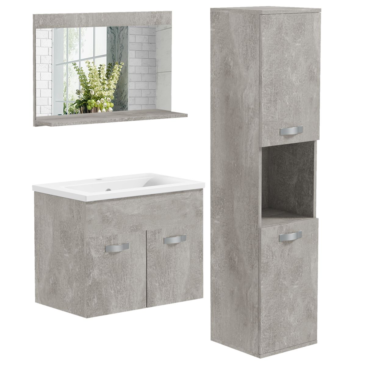 Conjunto de baño Bunn Kleankin espejo + columna + armario con lavabo gris