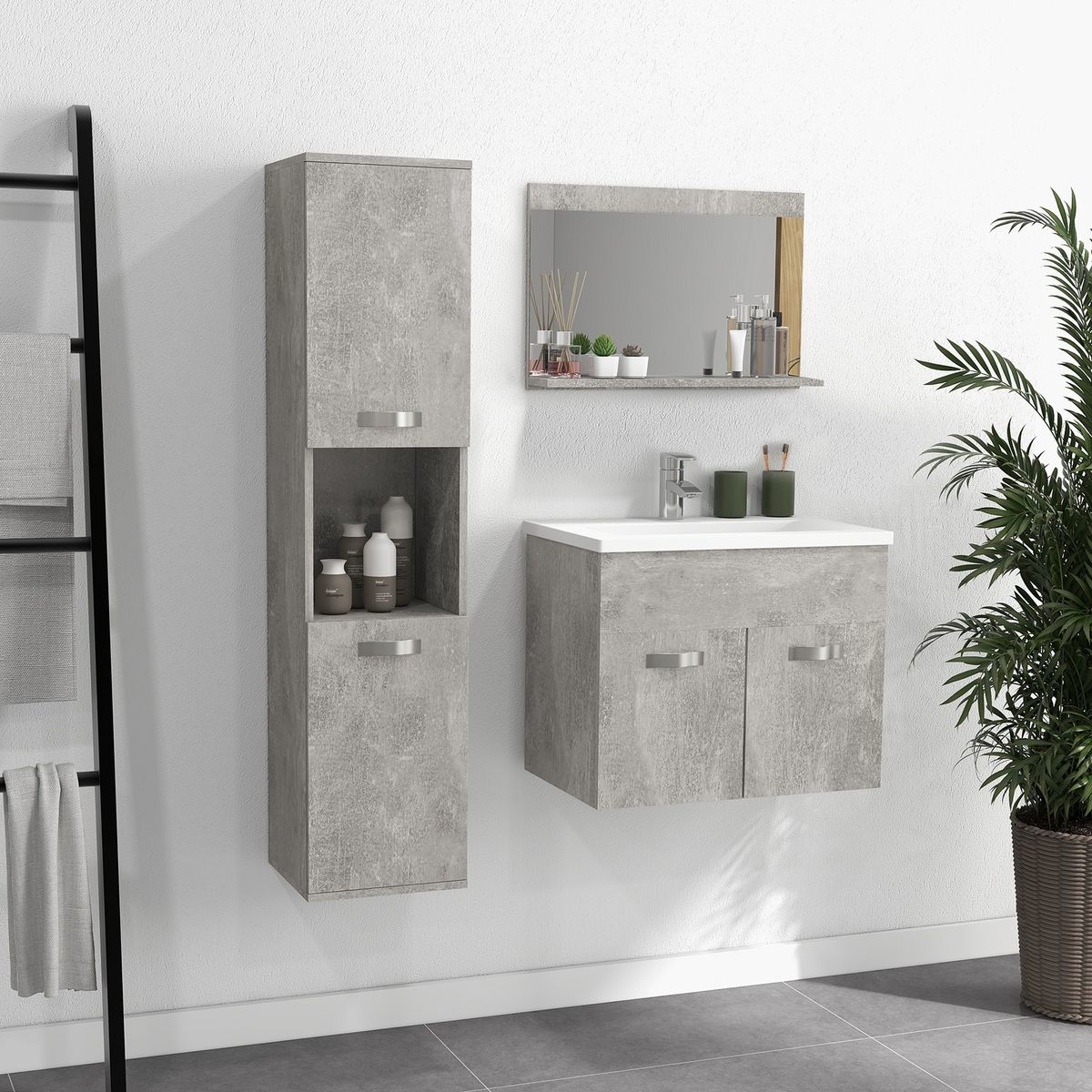 Conjunto de baño Bunn Kleankin espejo + columna + armario con lavabo gris