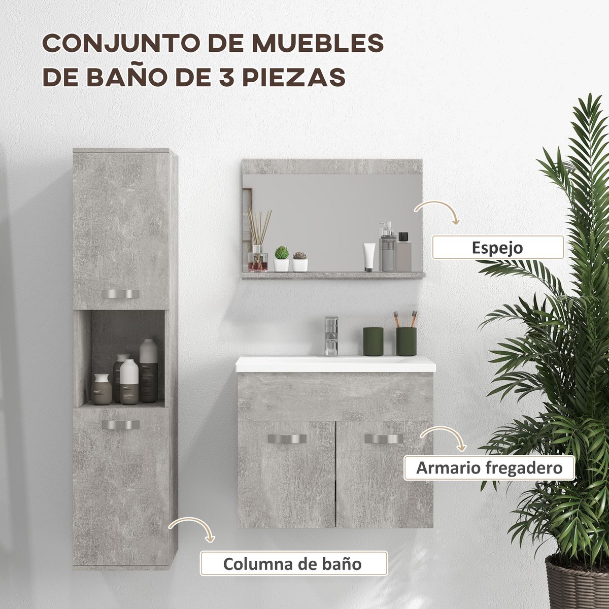 Conjunto de baño Bunn Kleankin espejo + columna + armario con lavabo gris