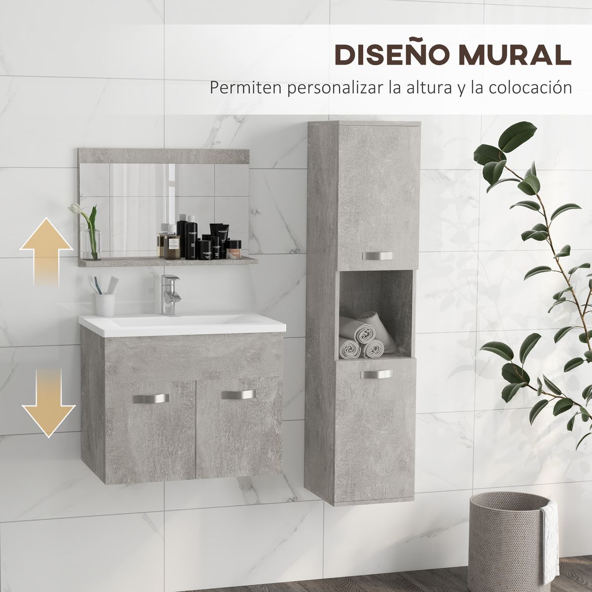 Conjunto de baño Bunn Kleankin espejo + columna + armario con lavabo gris