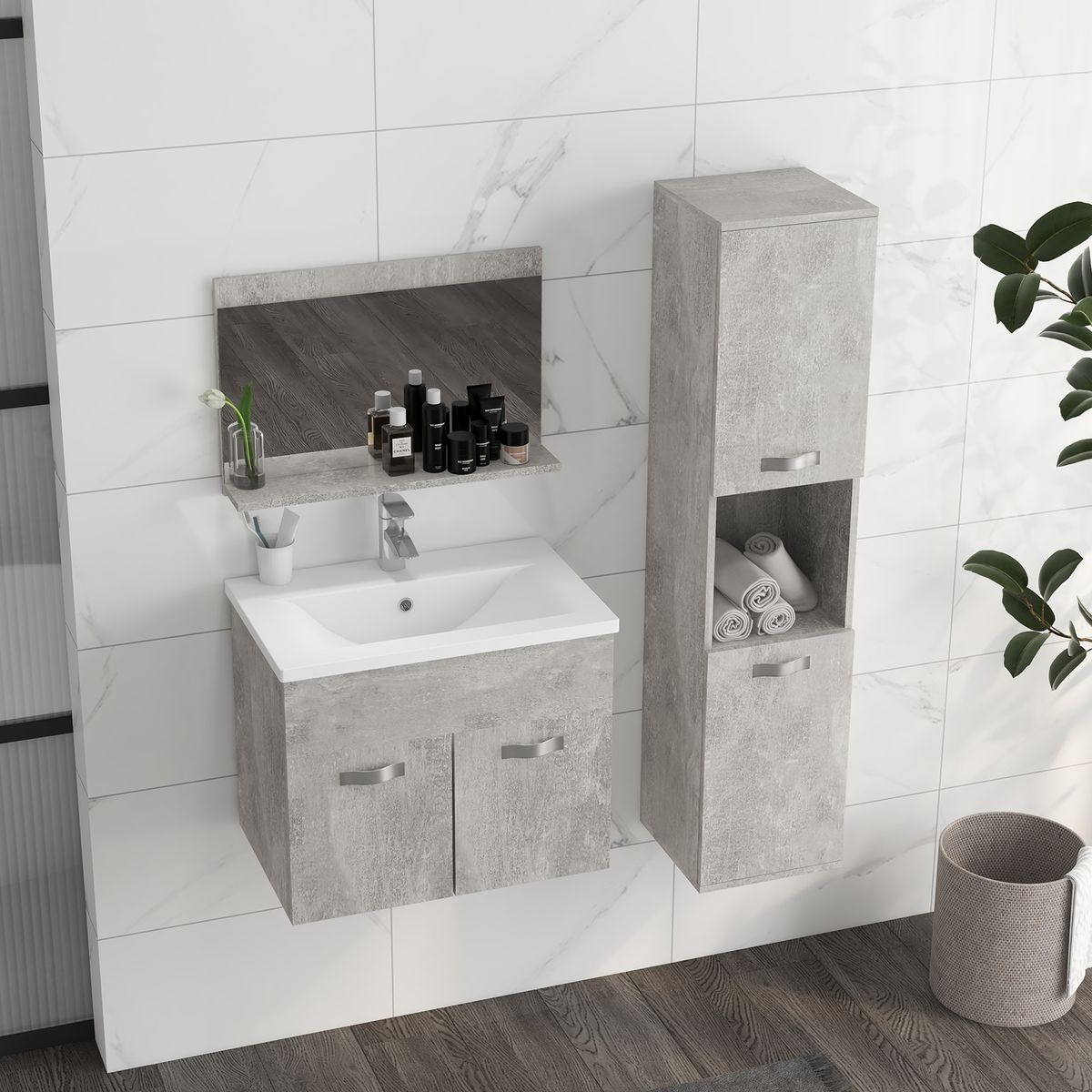 Conjunto de baño Bunn Kleankin espejo + columna + armario con lavabo gris