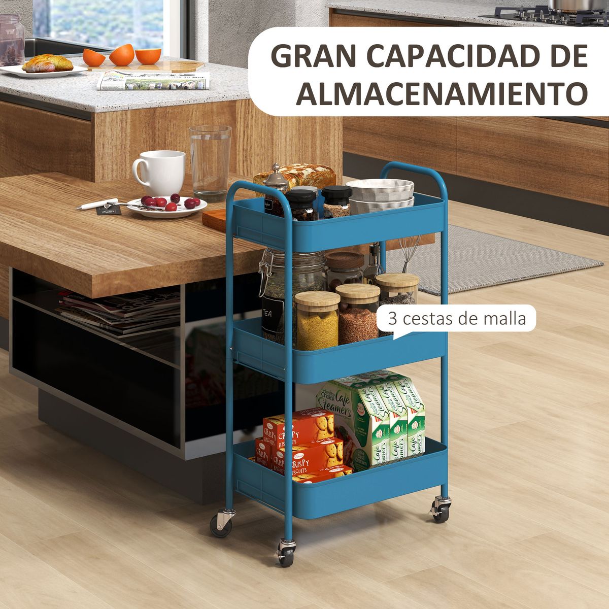 Carrito auxiliar Vejo Homcom 3 cestas azul oscuro 79x45x30,6 cm