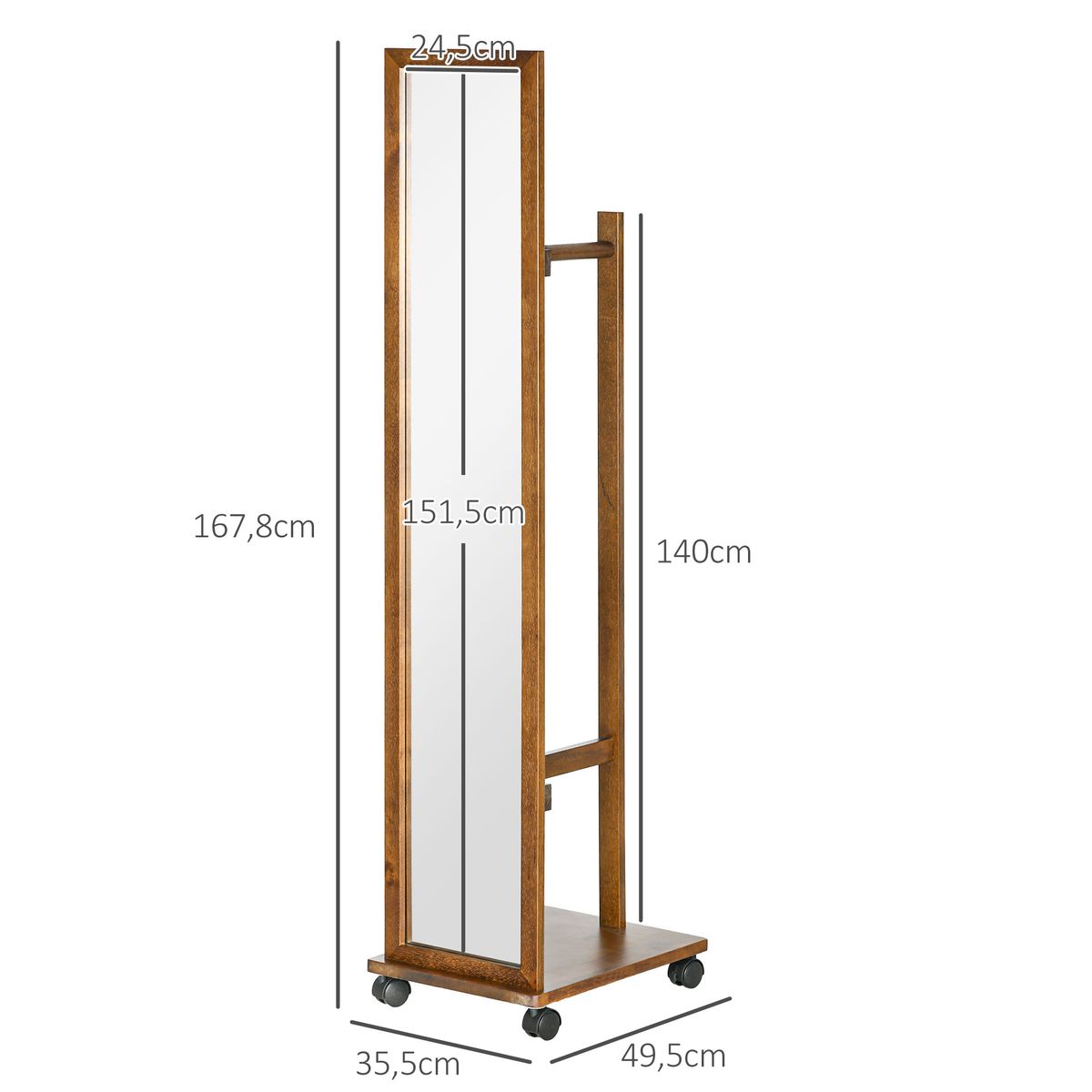 espejo silute homcom de cuerpo entero con ruedas madera 167,8x35,5x49,5 cm