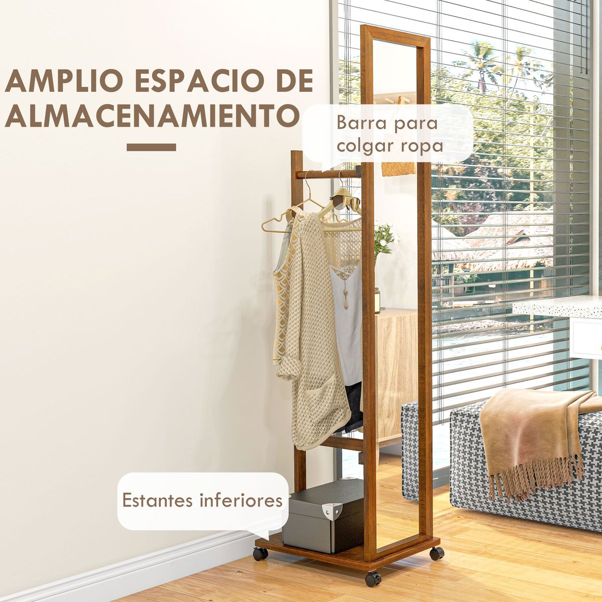 espejo silute homcom de cuerpo entero con ruedas madera 167,8x35,5x49,5 cm