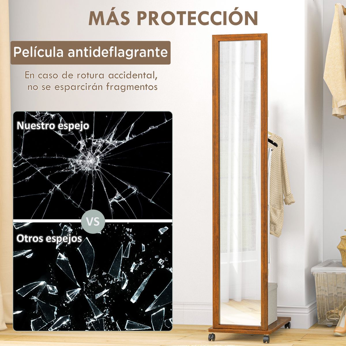 espejo silute homcom de cuerpo entero con ruedas madera 167,8x35,5x49,5 cm