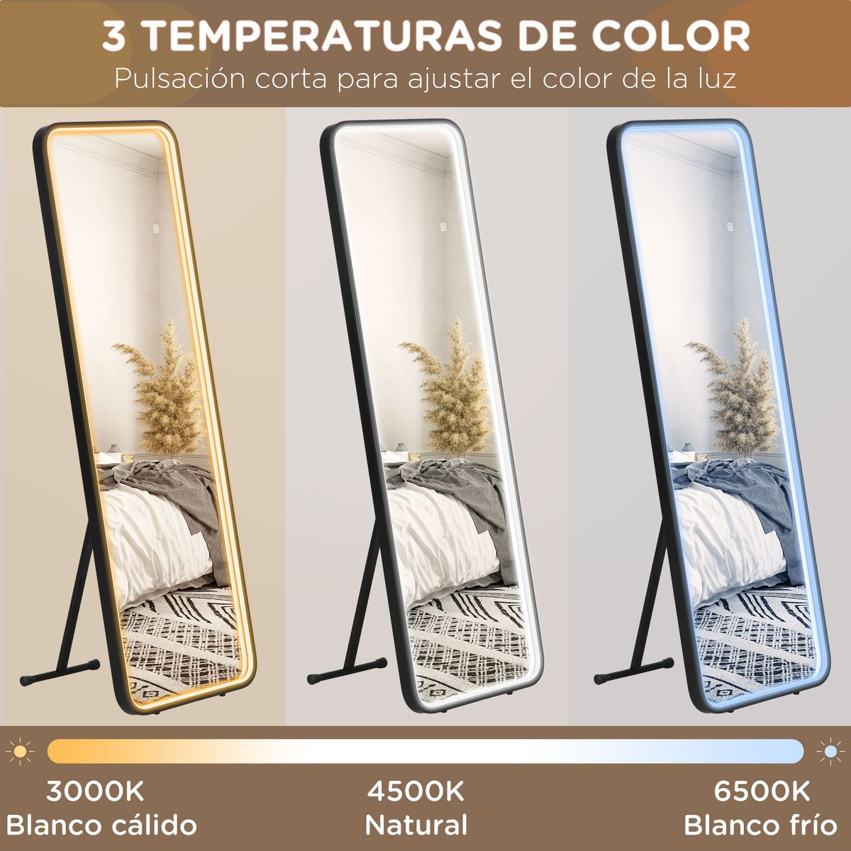 Espejo Lucke Homcom con luz LED ajustable 3 colores negro 151,5x50 cm