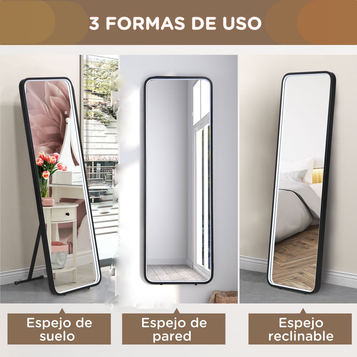Espejo Lucke Homcom con luz LED ajustable 3 colores negro 151,5x50 cm