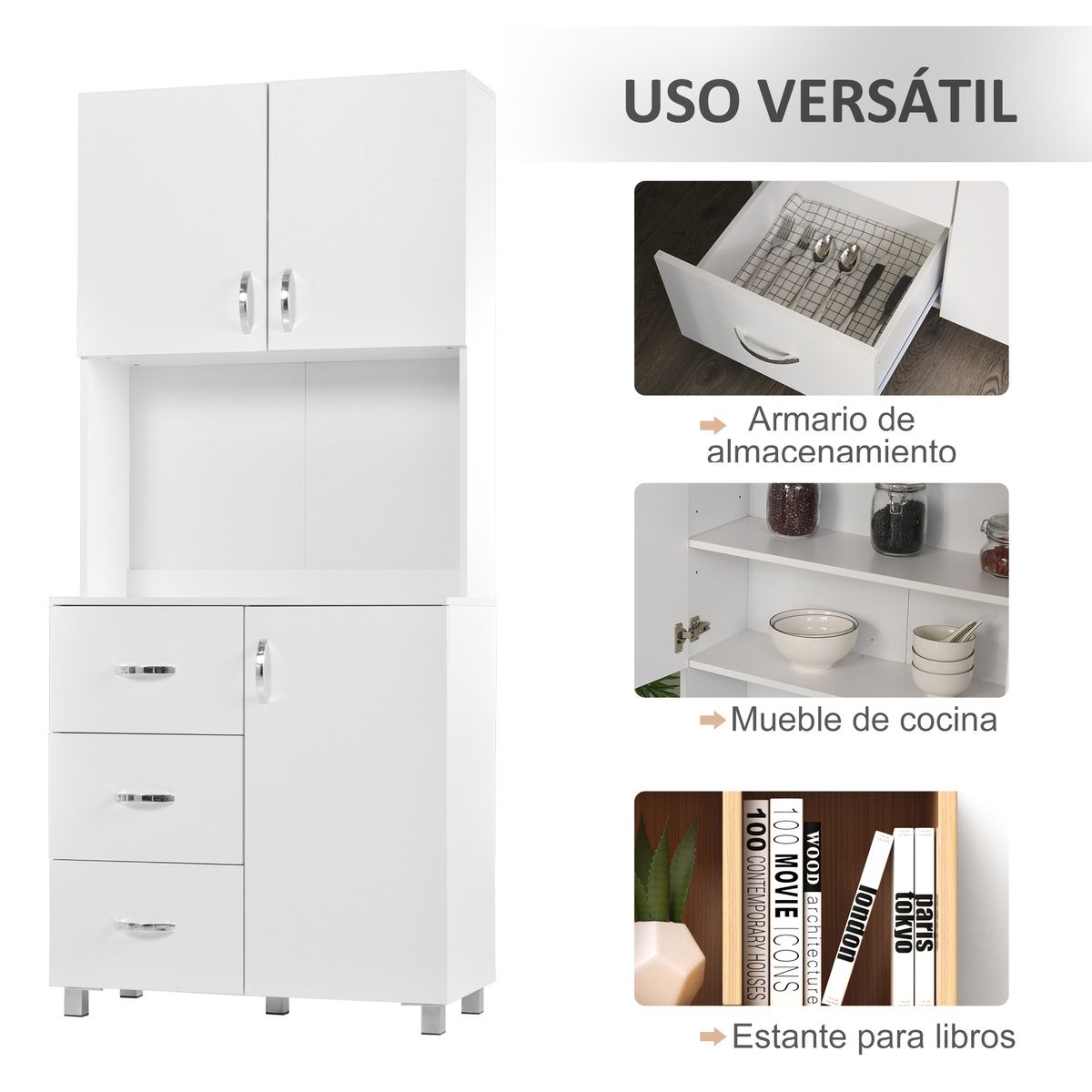 Alacena Toja Homcom 3 cajones + 2 armarios blanco 183,5x80x39,5 cm