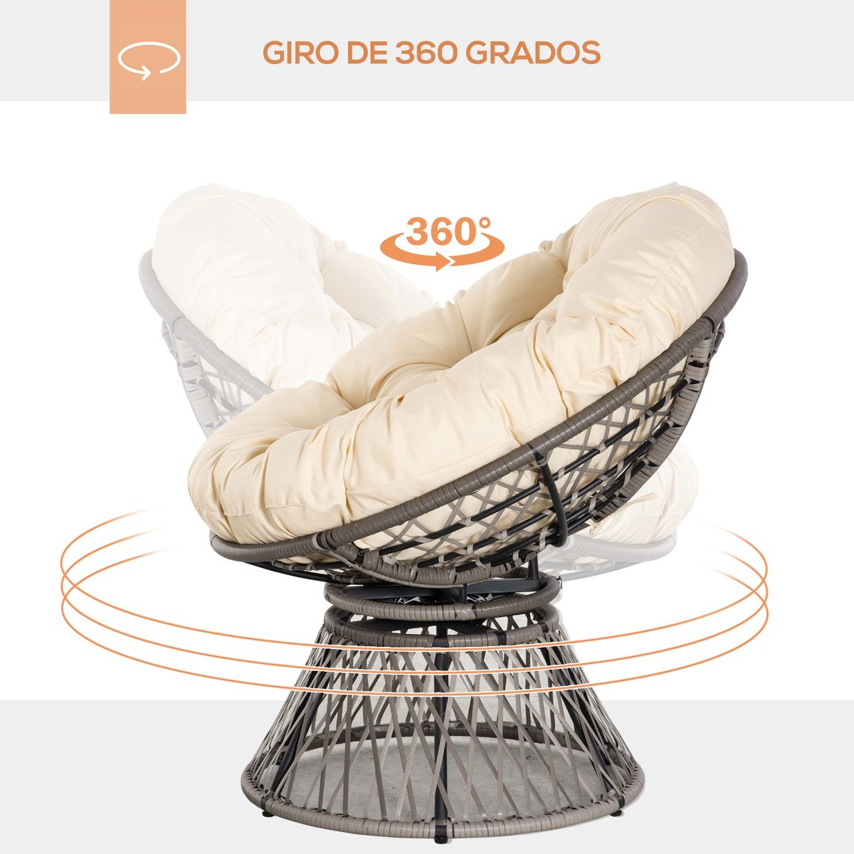 Sillón papasan Outsunny giratorio con cojín gris/crema 90x87x97 cm