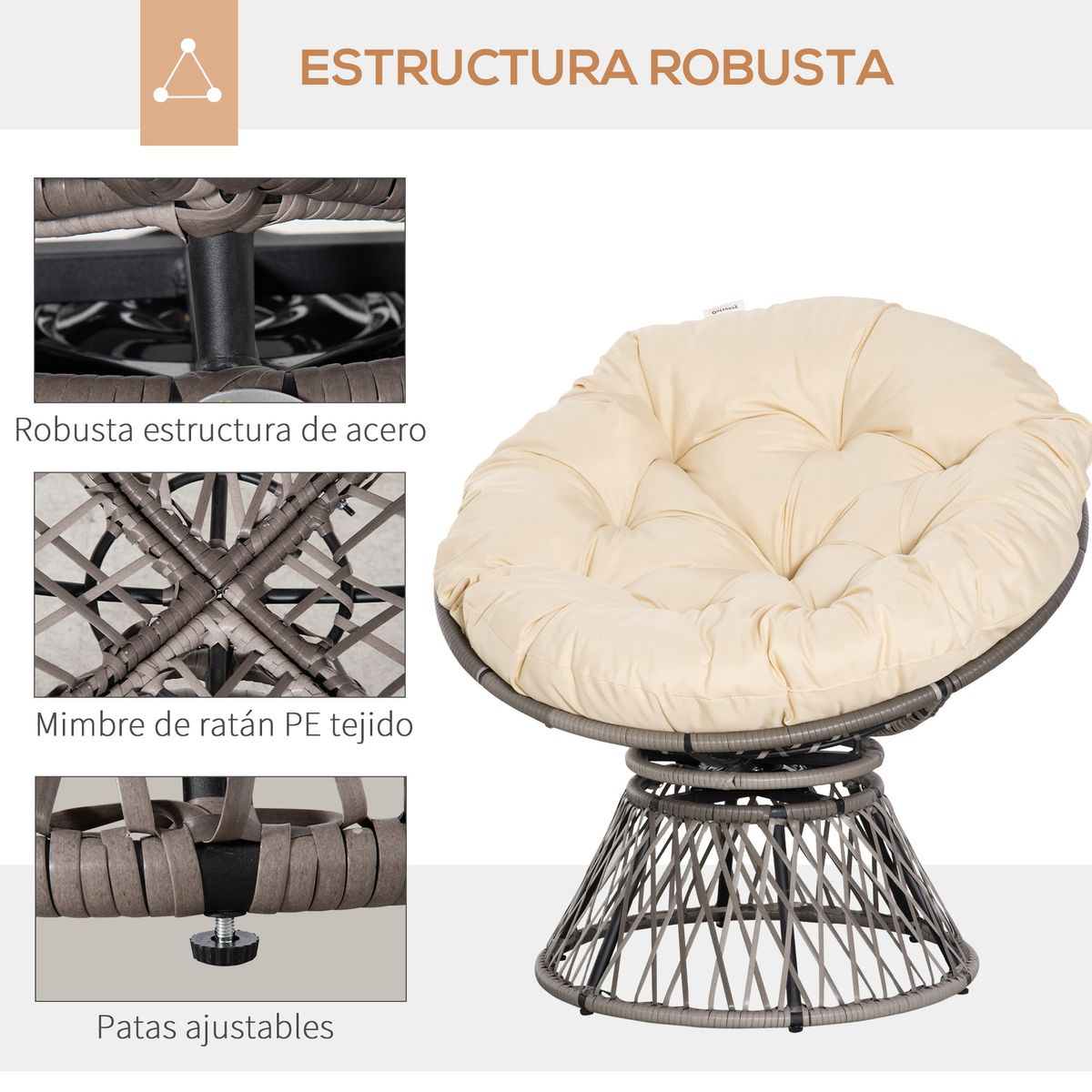 Sillón papasan Outsunny giratorio con cojín gris/crema 90x87x97 cm