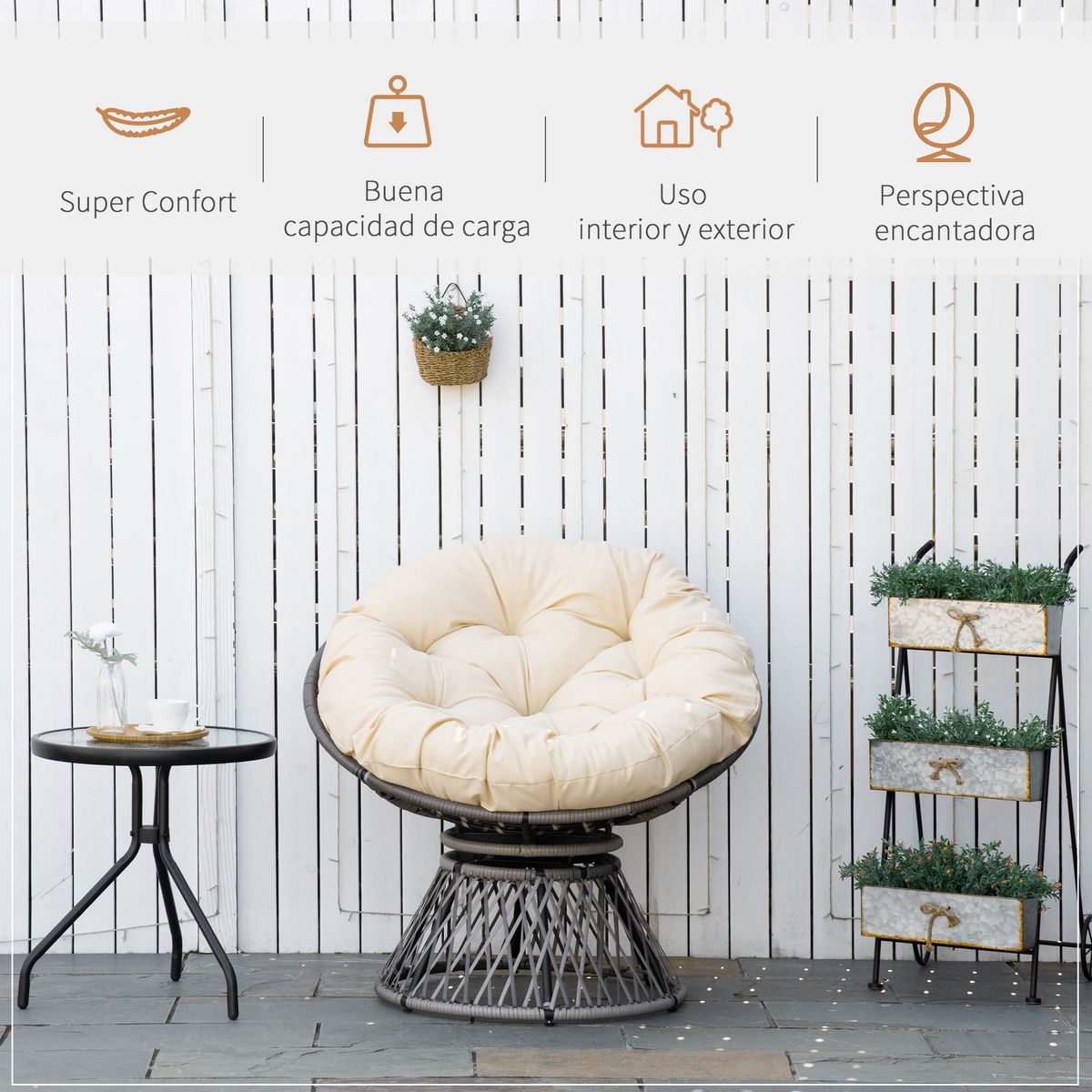 Sillón papasan Outsunny giratorio con cojín gris/crema 90x87x97 cm