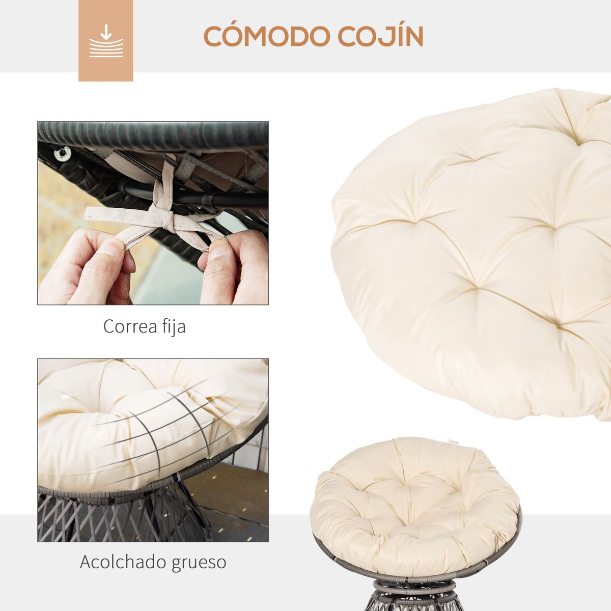 Sillón papasan Outsunny giratorio con cojín gris/crema 90x87x97 cm