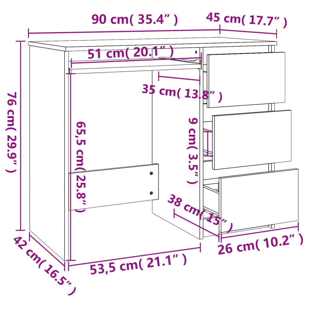 Escritorio Vegal 3 cajones + compartimento para teclado negro 76x90x45 cm