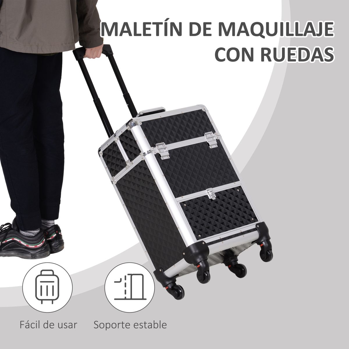 Maletín de maquillaje Homcom ruedas + asa negro 62x34x25 cm
