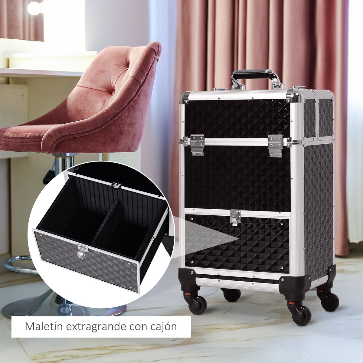 Maletín de maquillaje Homcom ruedas + asa negro 62x34x25 cm