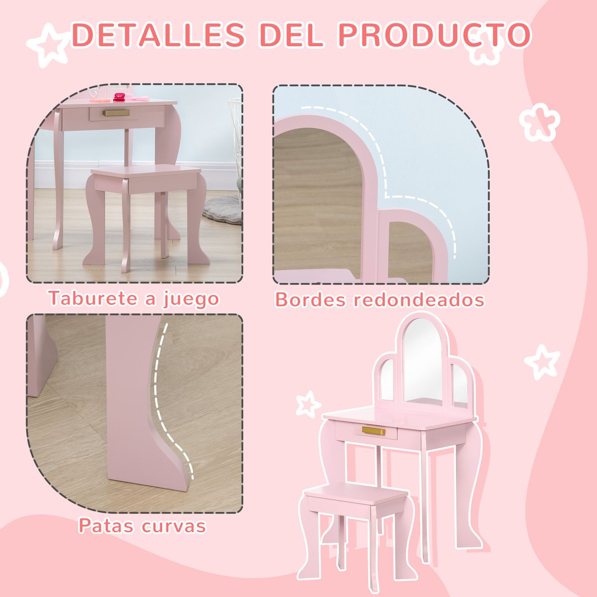 Tocador infantil Ariel Homcom con espejo + taburete 3-6 años rosa 85x52x32 cm