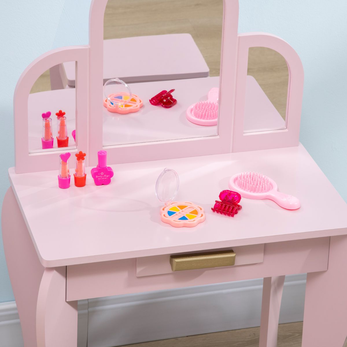 Tocador infantil Ariel Homcom con espejo + taburete 3-6 años rosa 85x52x32 cm