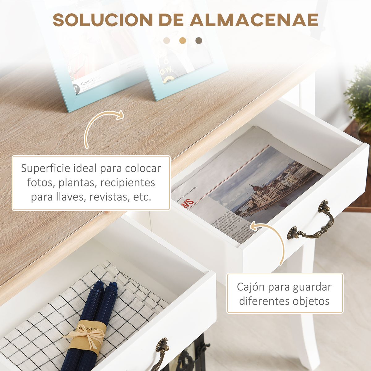 Recibidor October Homcom 2 cajones madera de pino blanco 78,5x87x34 cm