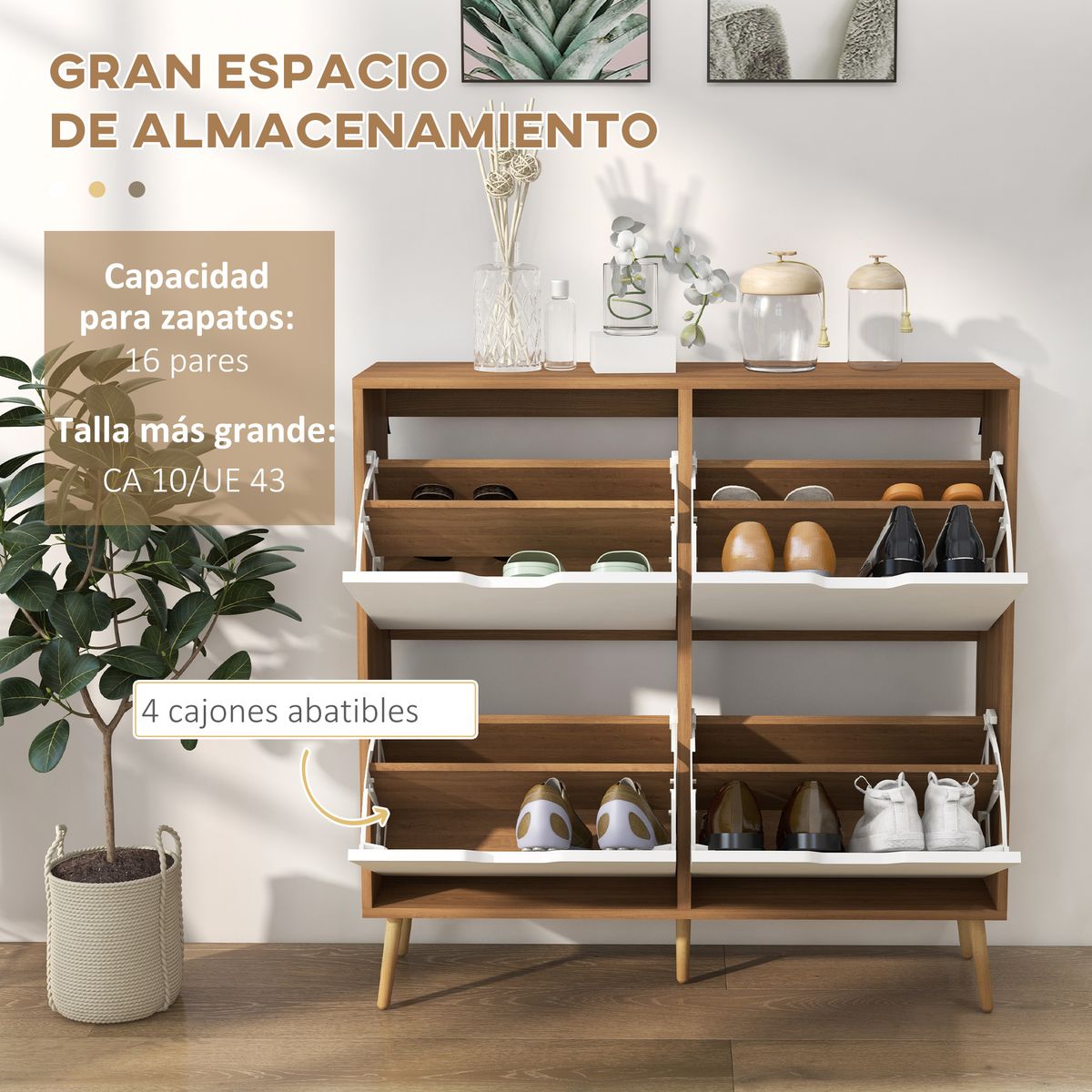 Zapatero Timbba Homcom 4 cajones abatibles blanco/natural 95x95x26 cm