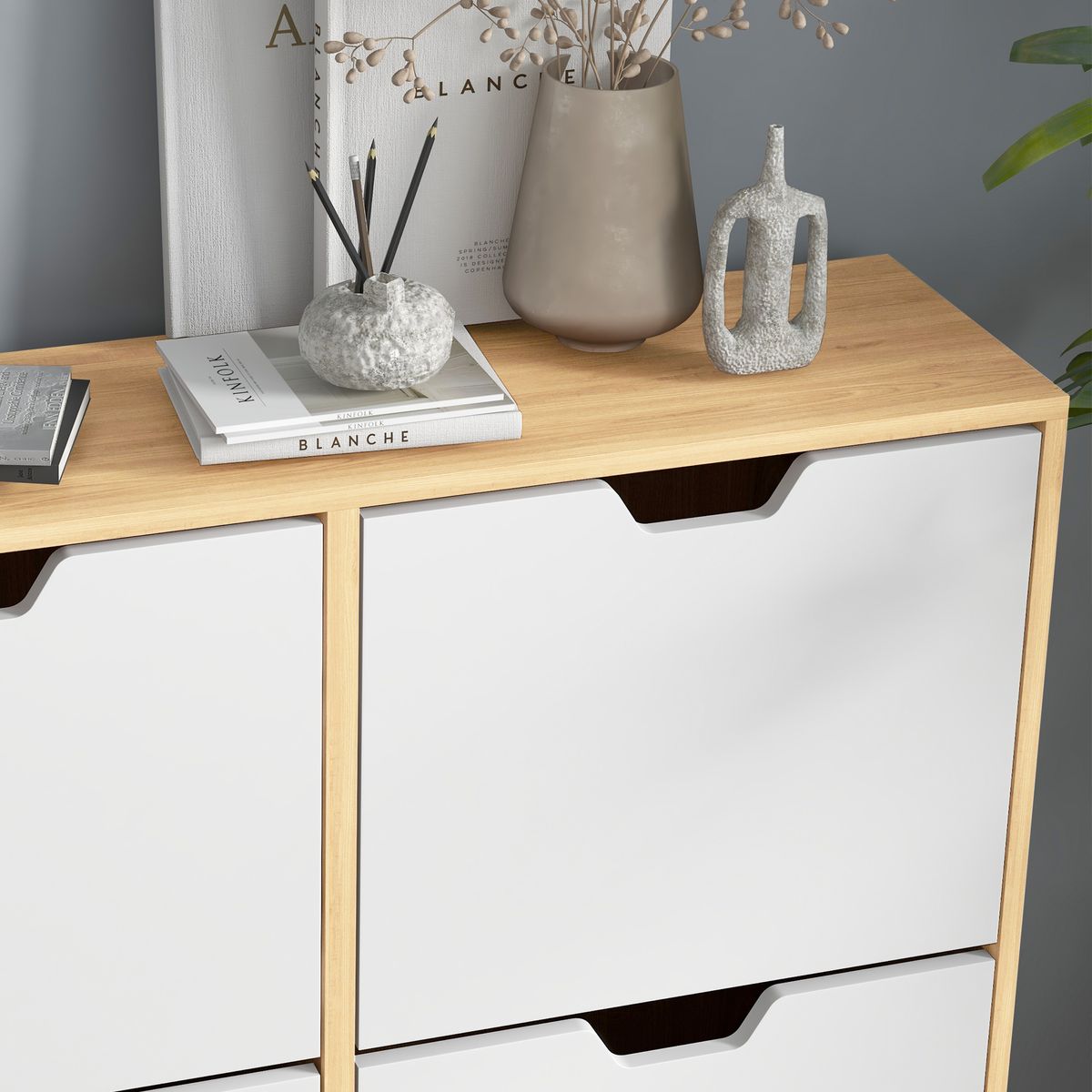 Zapatero Timbba Homcom 4 cajones abatibles blanco/natural 95x95x26 cm