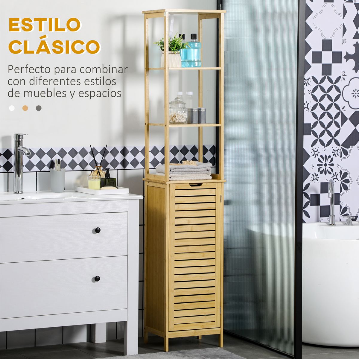 Estantería de baño Kaleh Kleankin 3 estantes + armario natural 173x34x30 cm