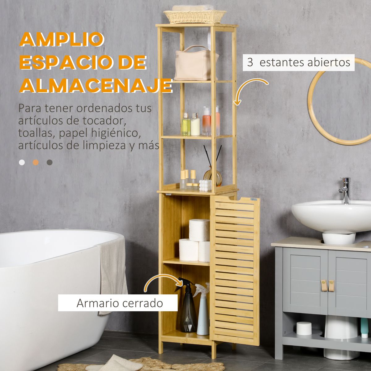 Estantería de baño Kaleh Kleankin 3 estantes + armario natural 173x34x30 cm