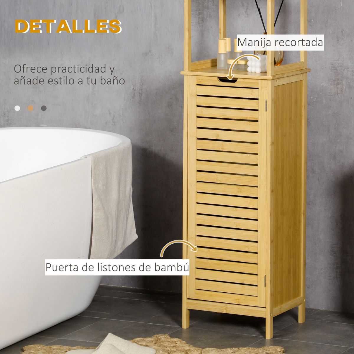 Estantería de baño Kaleh Kleankin 3 estantes + armario natural 173x34x30 cm
