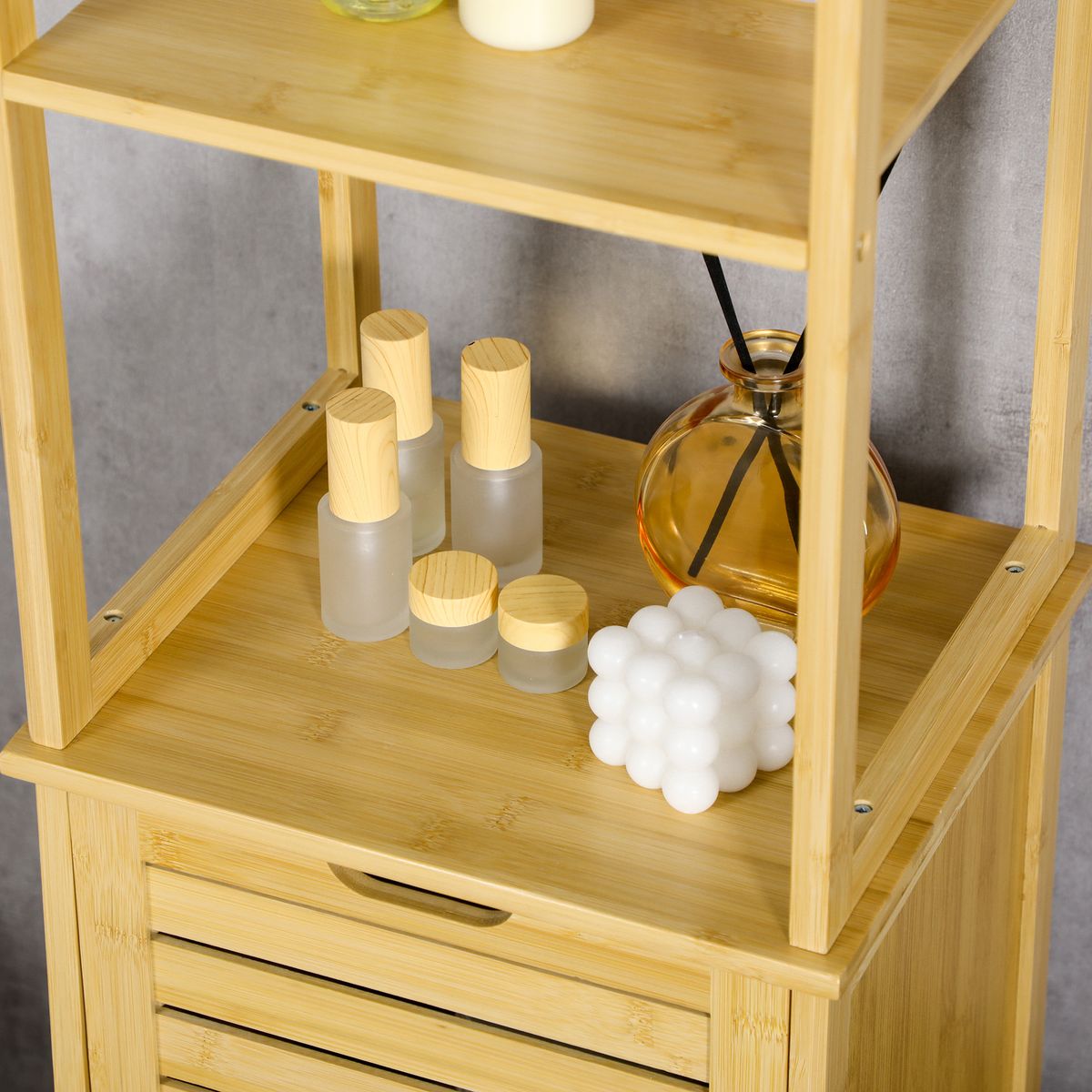 Estantería de baño Kaleh Kleankin 3 estantes + armario natural 173x34x30 cm