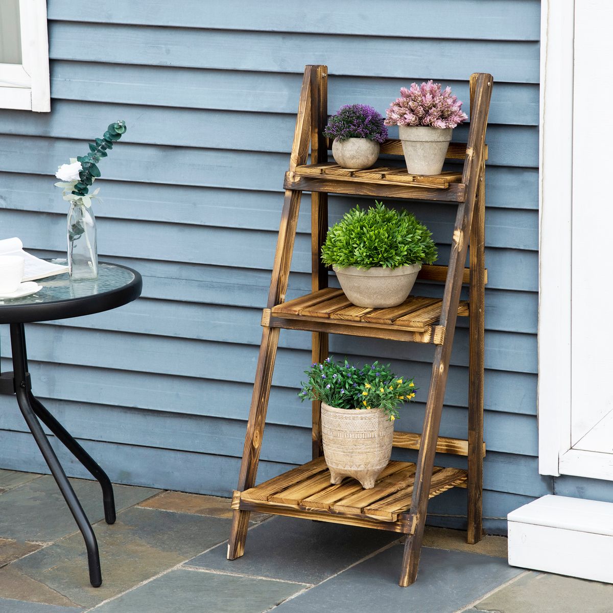 Soporte para plantas Outsunny 3 niveles natural 93x40x37 cm