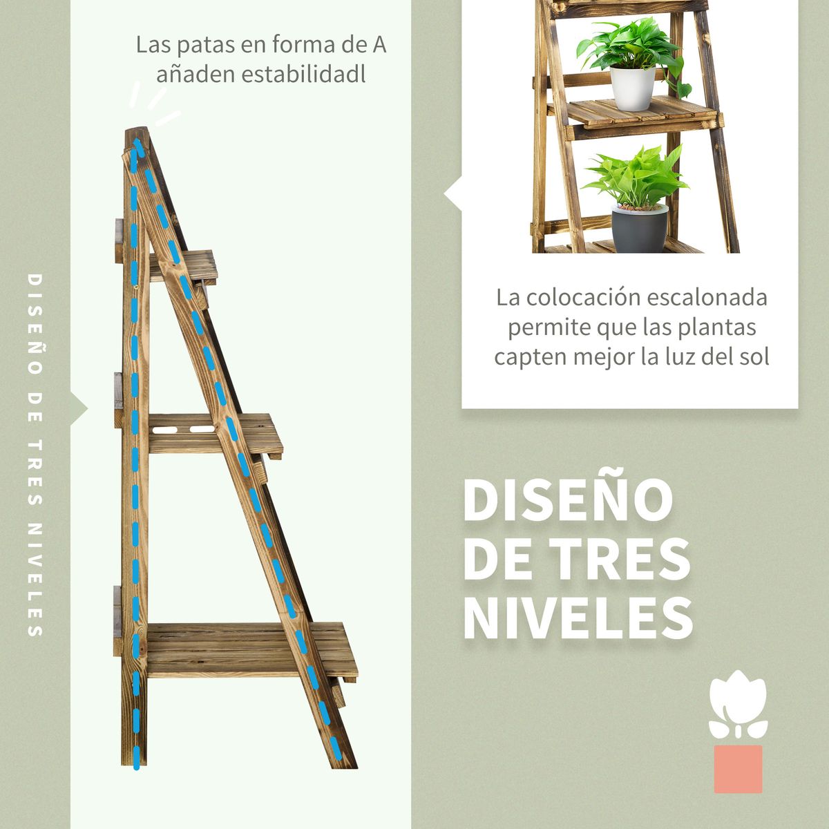 Soporte para plantas Outsunny 3 niveles natural 93x40x37 cm
