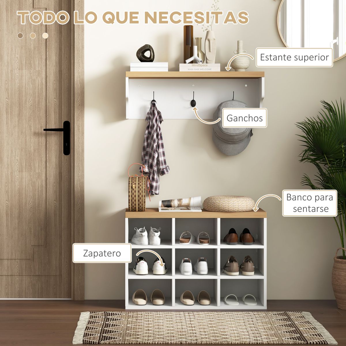 Recibidor Holeo Homcom perchero + banco zapatero blanco/natural