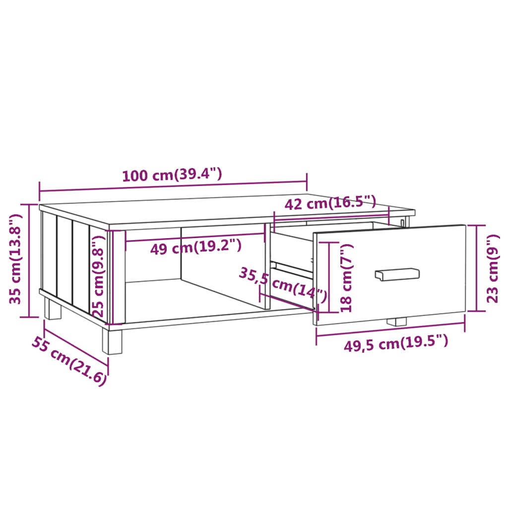 Mesa de centro Hamar cajón + compartimento madera marrón claro 35x100x55 cm
