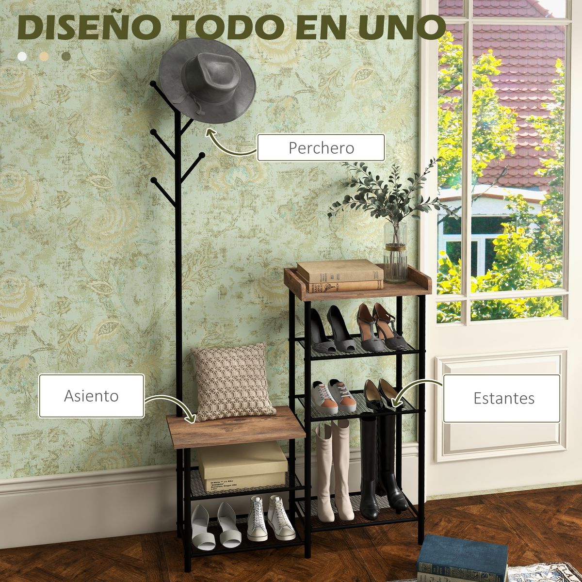 Perchero con zapatero Redeo Homcom 5 estantes + 6 ganchos marrón 182x92,5x28,2 cm