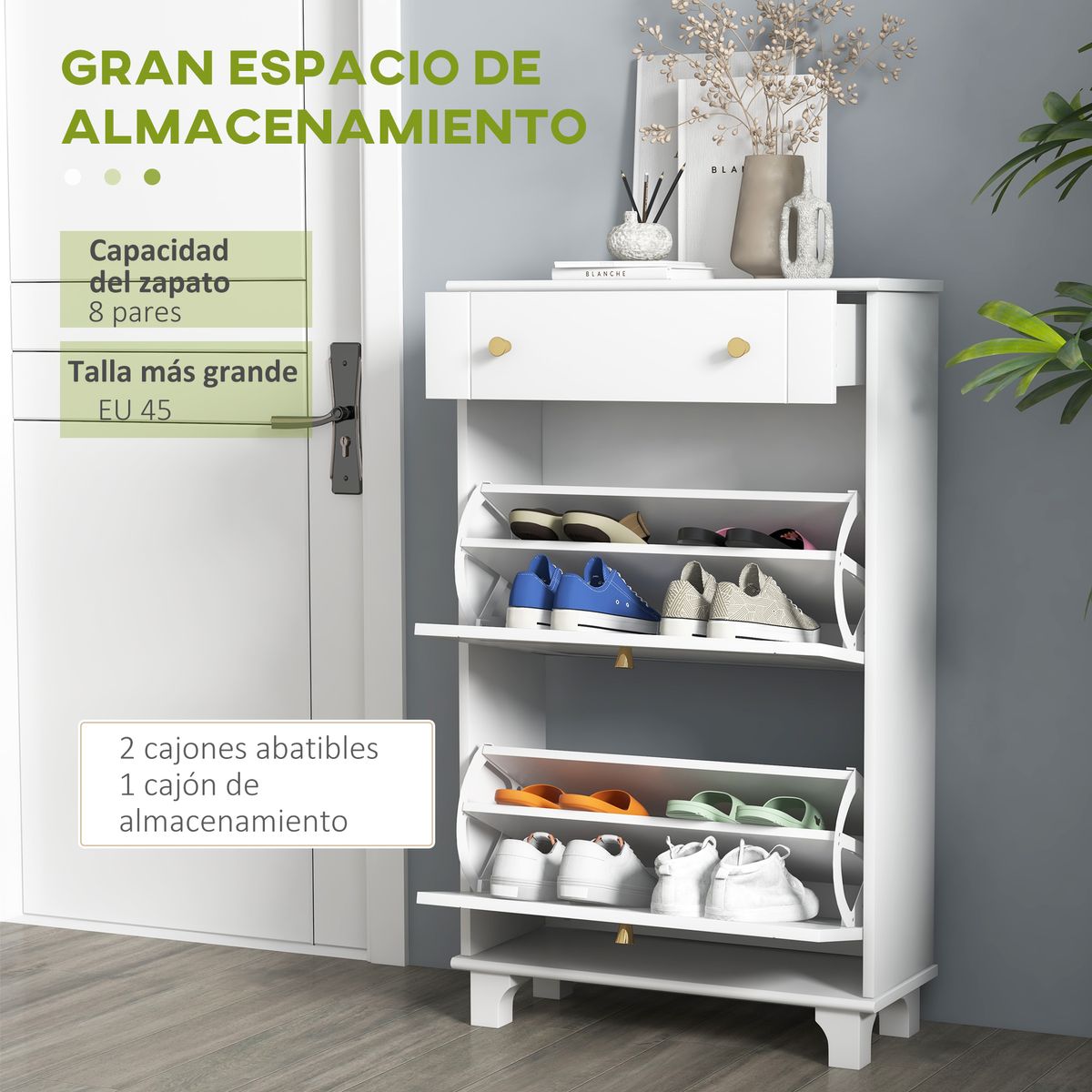 Zapatero Nussa Homcom 2 puertas + cajón 8 pares blanco 98,5x60x23,5 cm