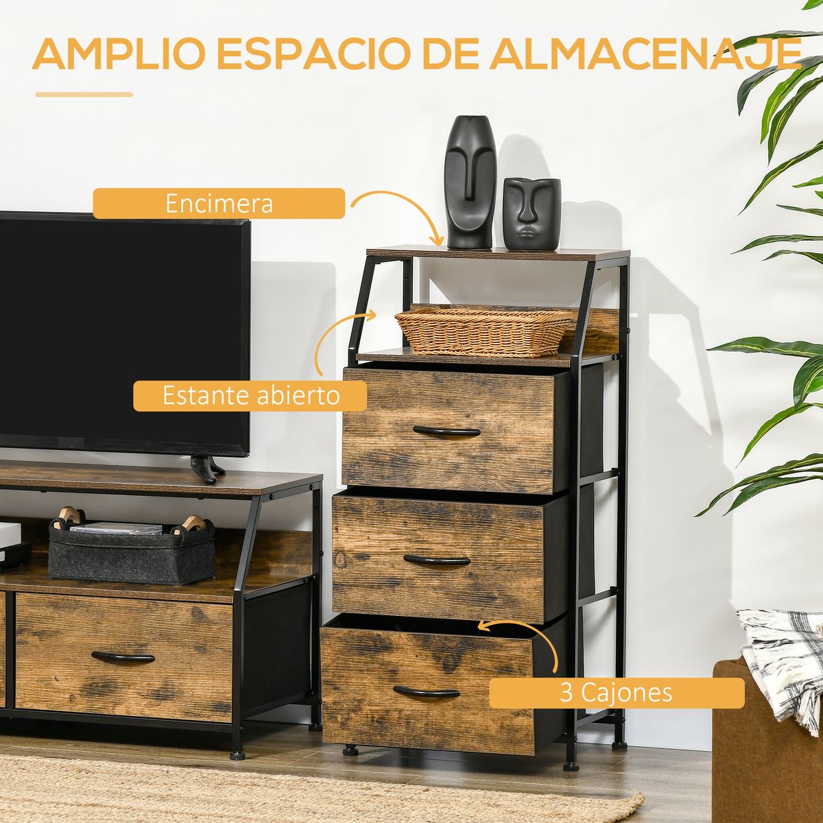 Cajonera Bude Homcom 3 cajones + estante marrón oscuro 92x44x29 cm