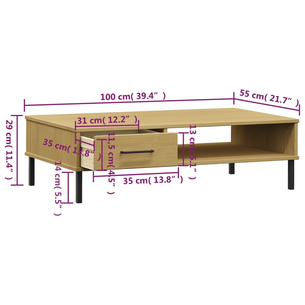 Mesa de centro Oslo 1 cajón marrón 29x100x55 cm 8