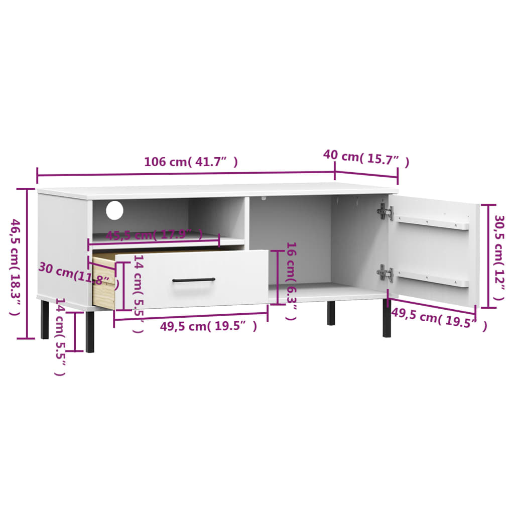 Mueble de TV Oslo cajón + compartimento + armario madera de pino blanco 46,5x106x40 cm