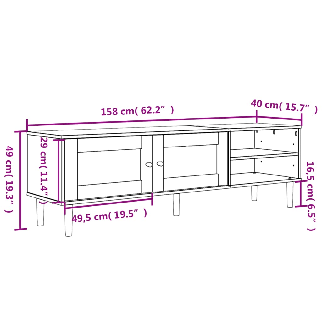Mueble bajo de TV Senja 2 puertas + 2 huecos negro 49x158x40 cm medidas