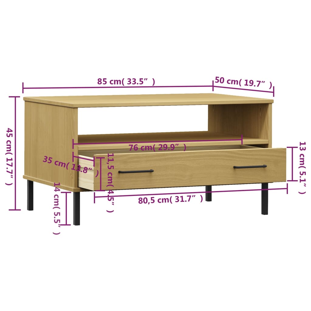 Mesa de centro Oslo 1 cajón marrón 45x85x50 cm medidas
