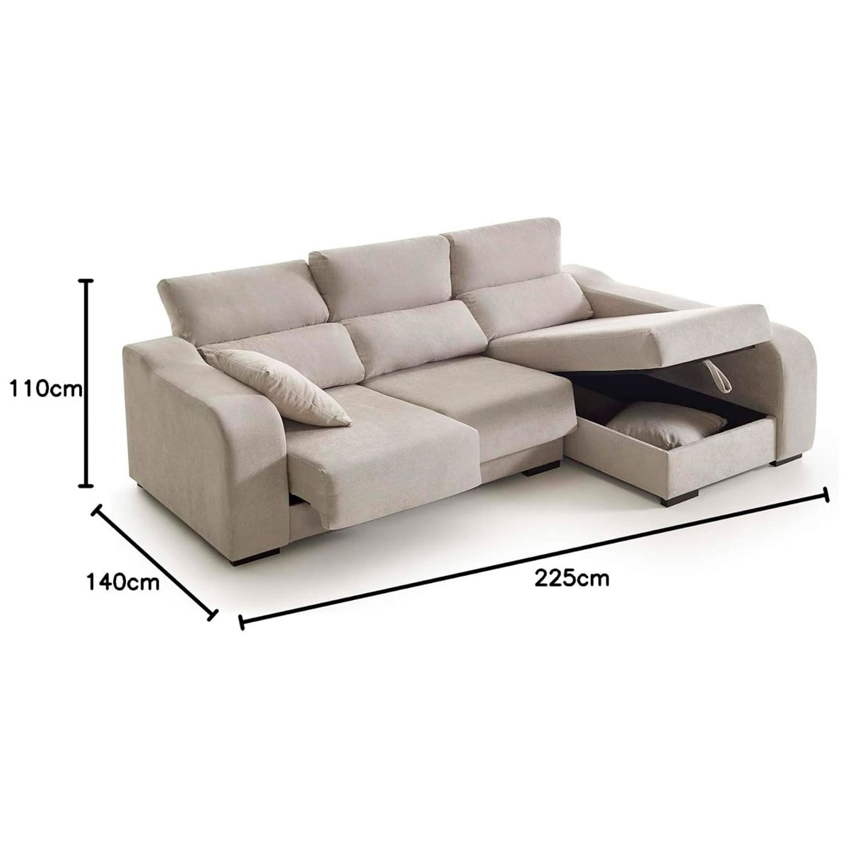 Sofá chaiselongue Zafiro 3 plazas con arcón frente derecho beige 110x225x140 cm medidas