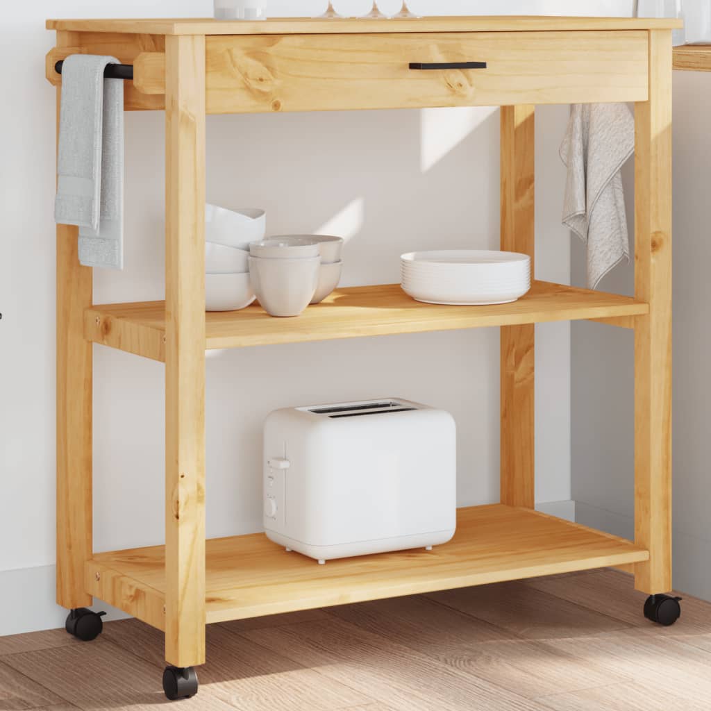 Carrito auxiliar Monza 2 estantes + cajón madera de pino natural 90x84x40 cm