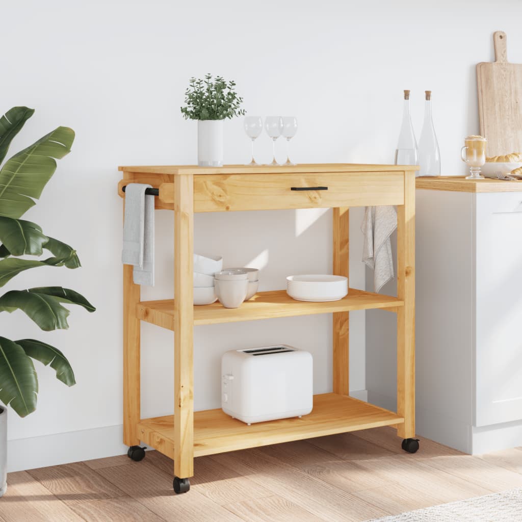 Carrito auxiliar Monza 2 estantes + cajón madera de pino natural 90x84x40 cm
