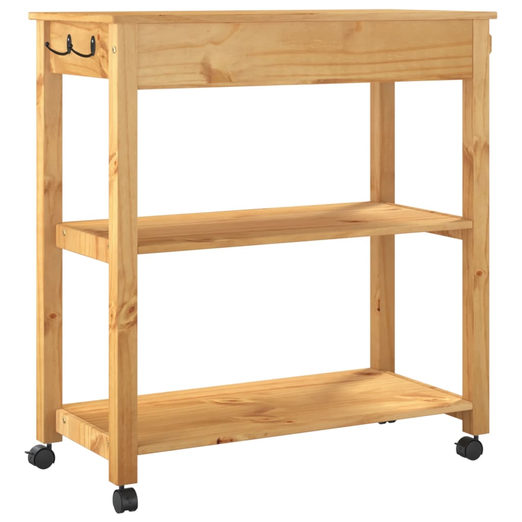 Carrito auxiliar Monza 2 estantes + cajón madera de pino natural 90x84x40 cm