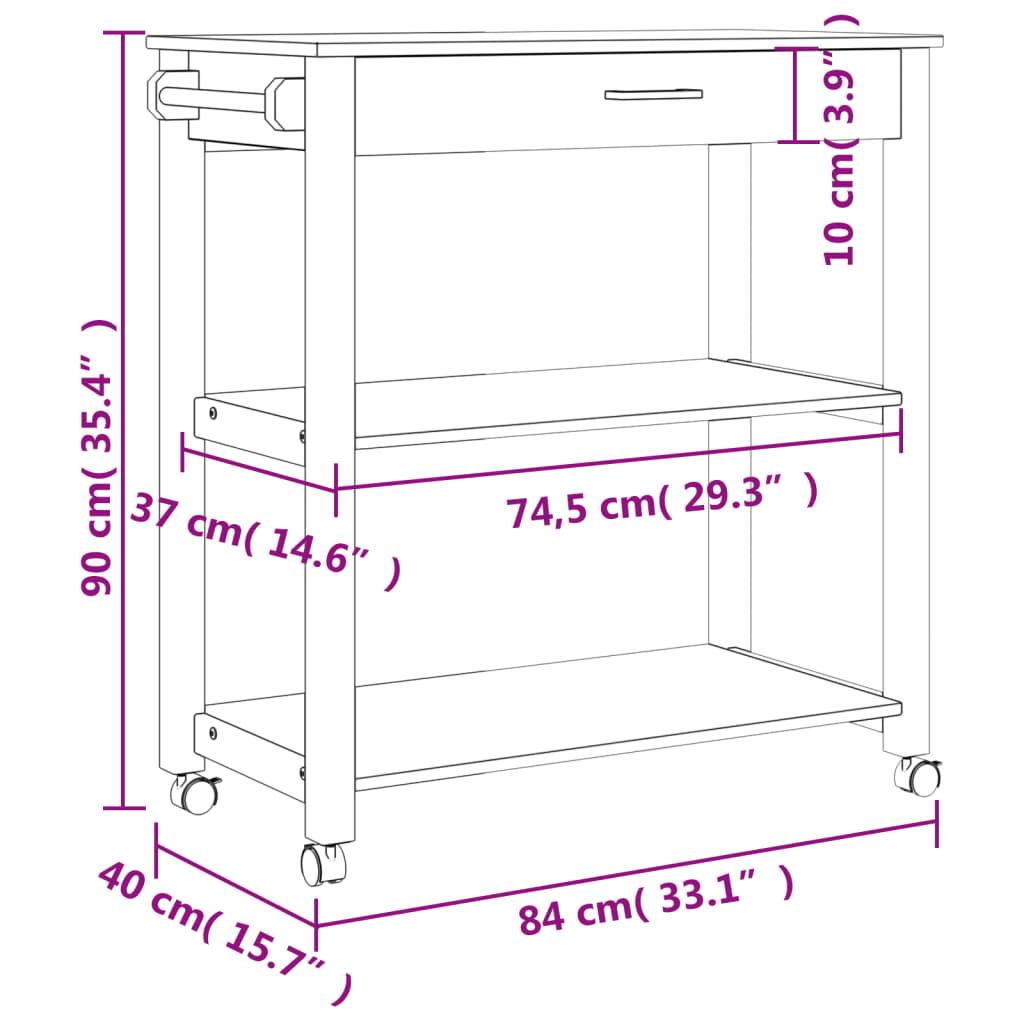 Carrito auxiliar Monza 2 estantes + cajón madera de pino natural 90x84x40 cm