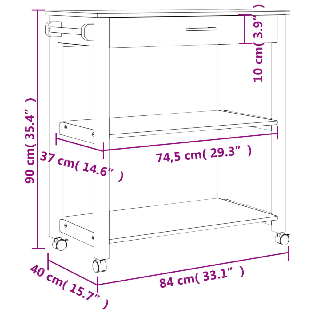 Carrito auxiliar Monza 2 estantes + cajón madera de pino blanco 90x84x40 cm