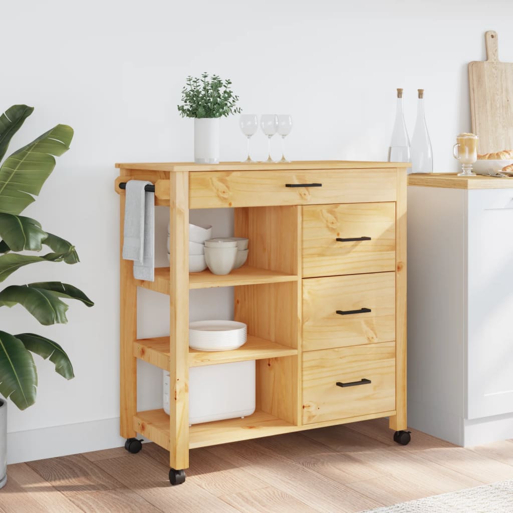 Carrito auxiliar Monza 4 cajones + 2 estantes madera de pino natural 90x84x40 cm