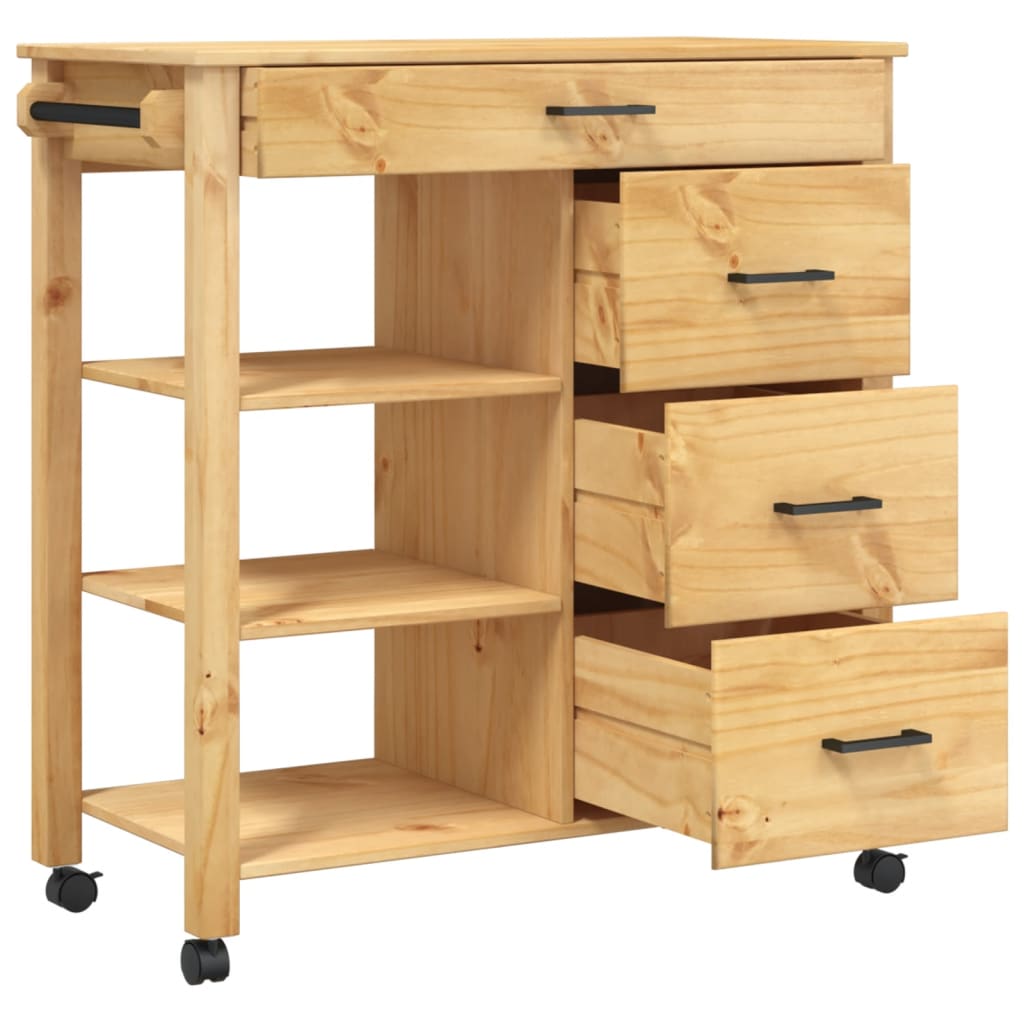 Carrito auxiliar Monza 4 cajones + 2 estantes madera de pino natural 90x84x40 cm
