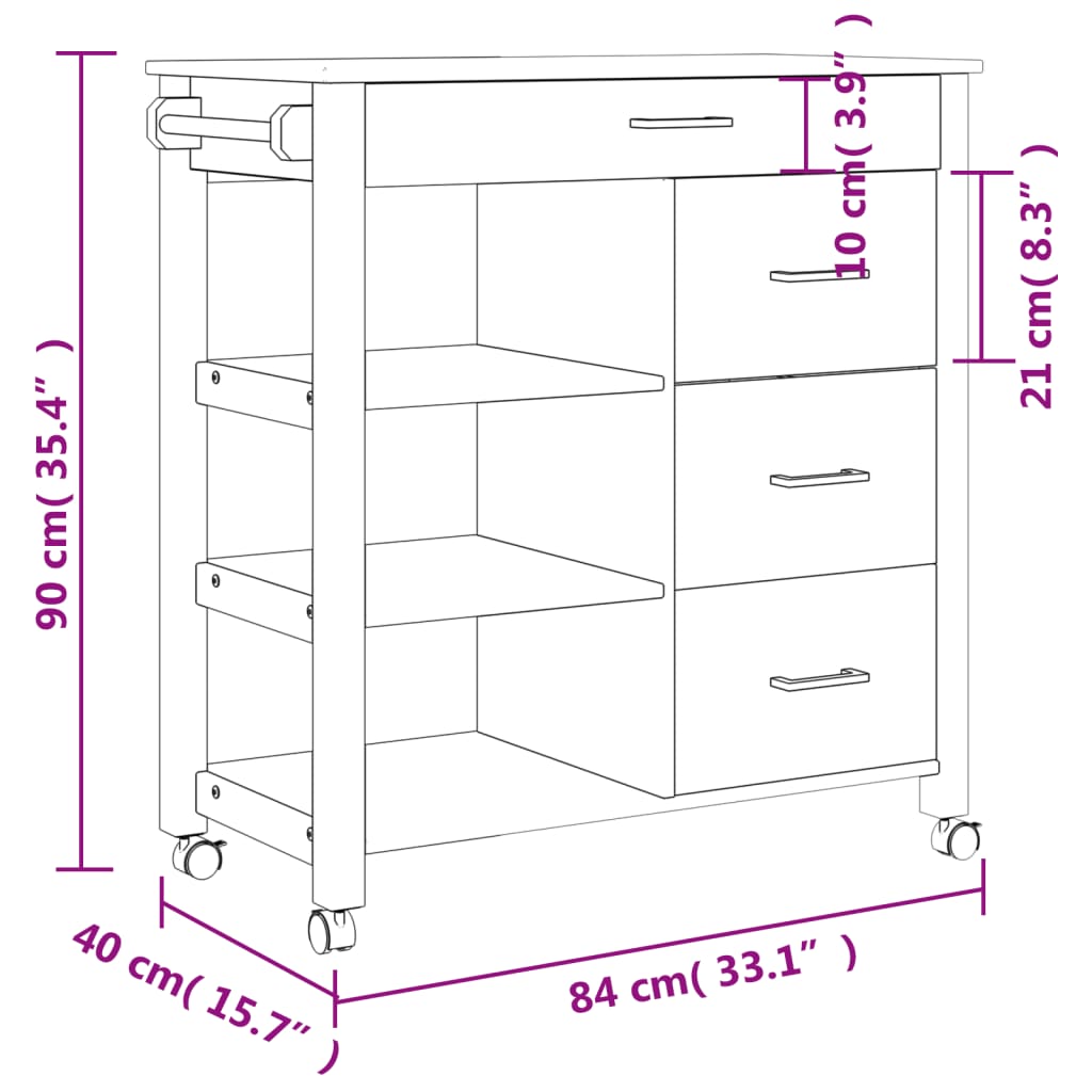 Carrito auxiliar Monza 4 cajones + 2 estantes madera de pino natural 90x84x40 cm