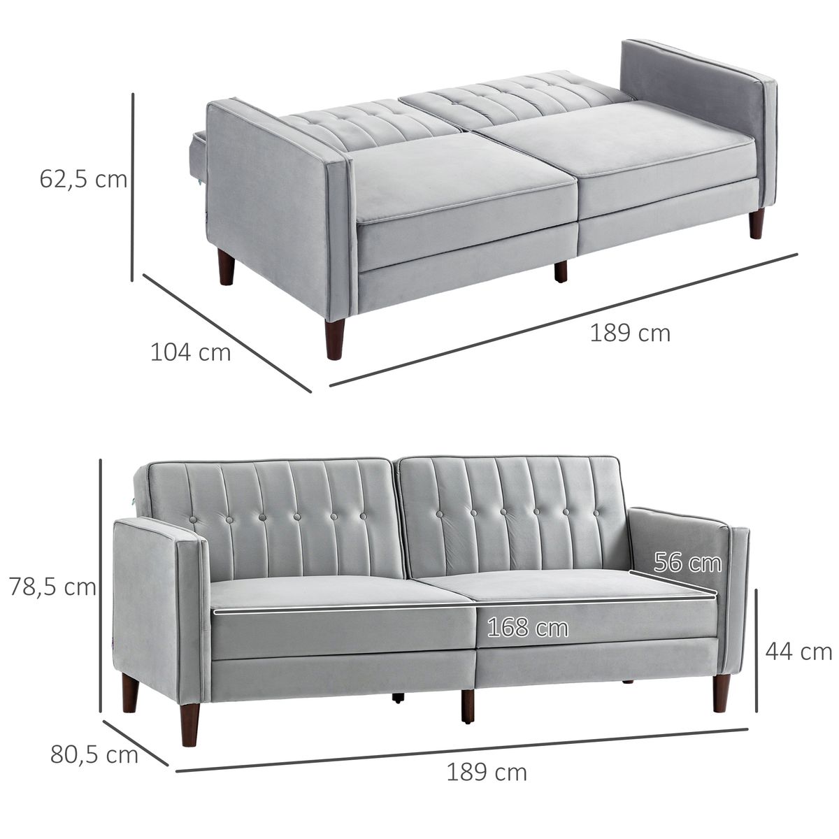 Sofá cama Paulo Homcom 3 plazas respaldo reclinable gris 78,5x189x80,5 cm